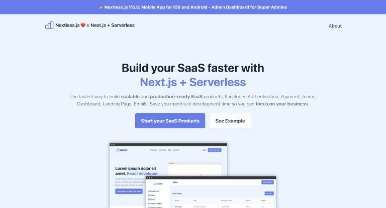 Next JS SaaS Boilerplate Serverless React Template Nextless js